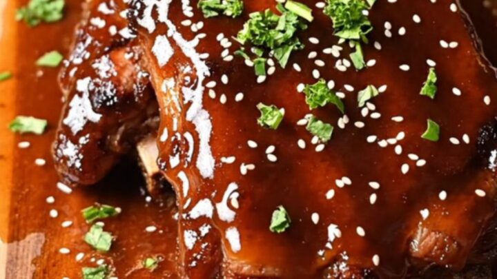A close-up view of sticky, caramelized honey-bourbon baby back ribs on a rustic wooden board, garnished with fresh parsley.