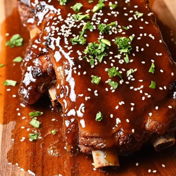 A close-up view of sticky, caramelized honey-bourbon baby back ribs on a rustic wooden board, garnished with fresh parsley.