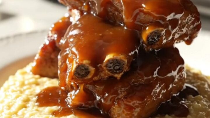 A close-up view of glistening, tender peach-bourbon glazed pork ribs served over a bowl of creamy cheddar grits.