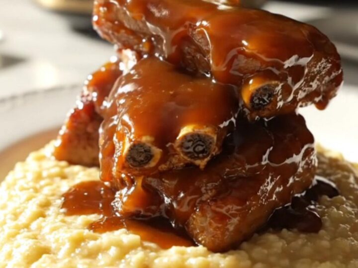 A close-up view of glistening, tender peach-bourbon glazed pork ribs served over a bowl of creamy cheddar grits.