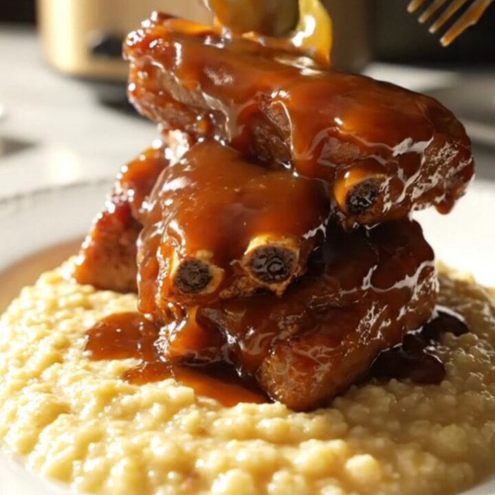 A close-up view of glistening, tender peach-bourbon glazed pork ribs served over a bowl of creamy cheddar grits.