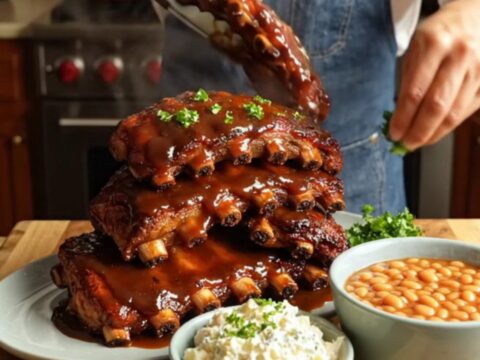 A close-up of Coca-Cola and hickory BBQ ribs with a glistening, caramelized glaze on a rustic wooden board.