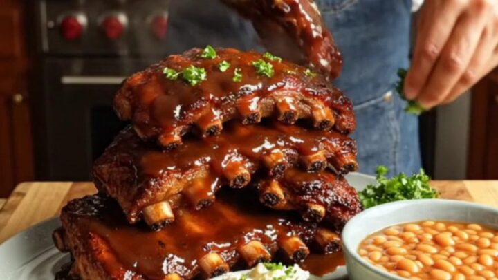 A close-up of Coca-Cola and hickory BBQ ribs with a glistening, caramelized glaze on a rustic wooden board.