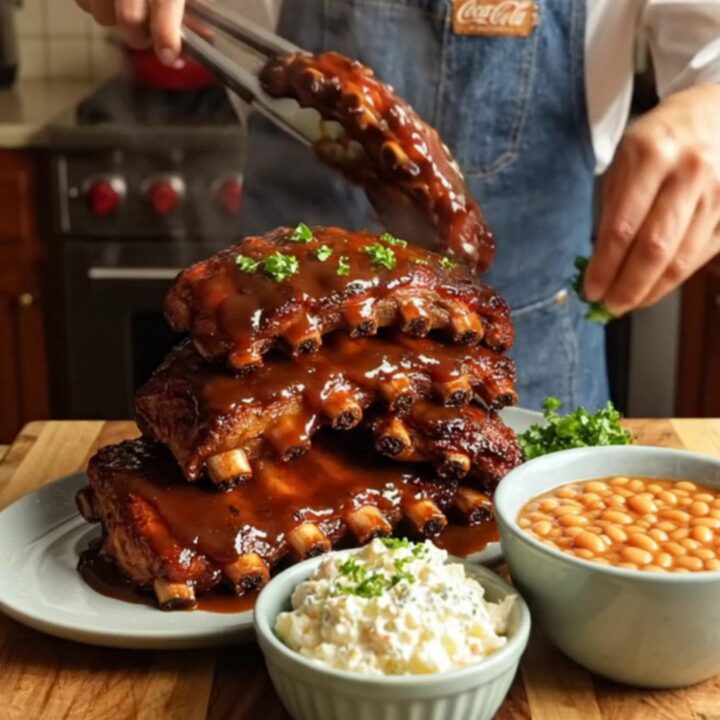 A close-up of Coca-Cola and hickory BBQ ribs with a glistening, caramelized glaze on a rustic wooden board.