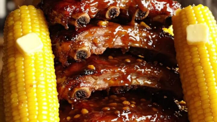 A platter of sticky, caramelized brown sugar and garlic St. Louis ribs served with buttery corn on the cob.