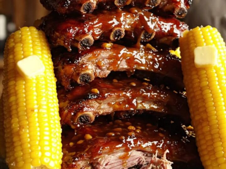A platter of sticky, caramelized brown sugar and garlic St. Louis ribs served with buttery corn on the cob.