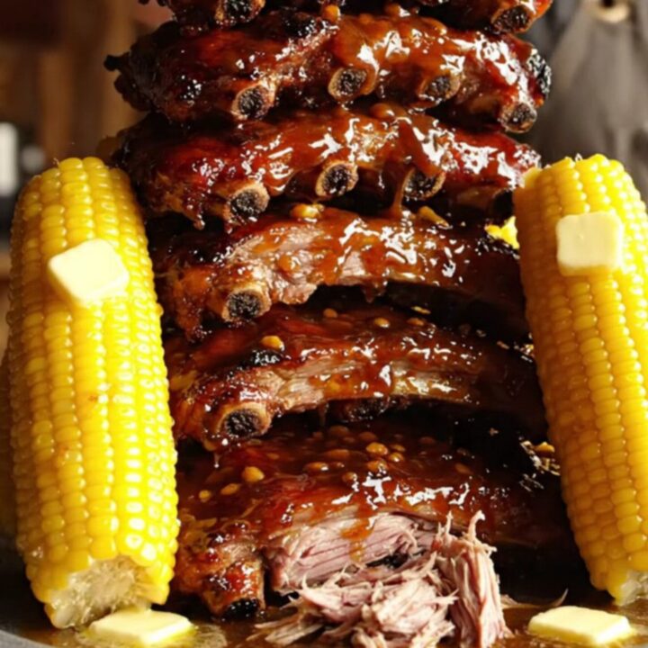 A platter of sticky, caramelized brown sugar and garlic St. Louis ribs served with buttery corn on the cob.