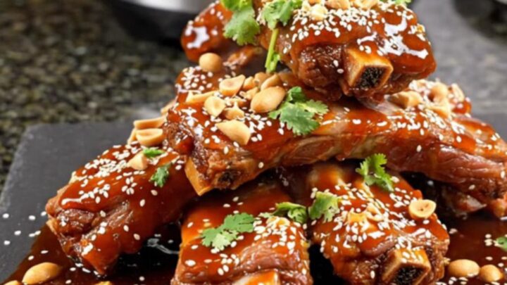 A close-up of sticky, glazed Korean spare ribs on a dark slate platter garnished with peanuts, cilantro, and sesame seeds.