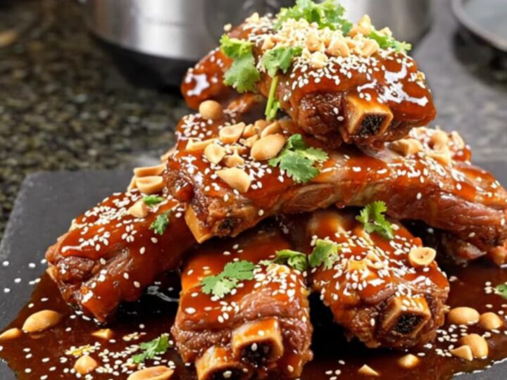 A close-up of sticky, glazed Korean spare ribs on a dark slate platter garnished with peanuts, cilantro, and sesame seeds.