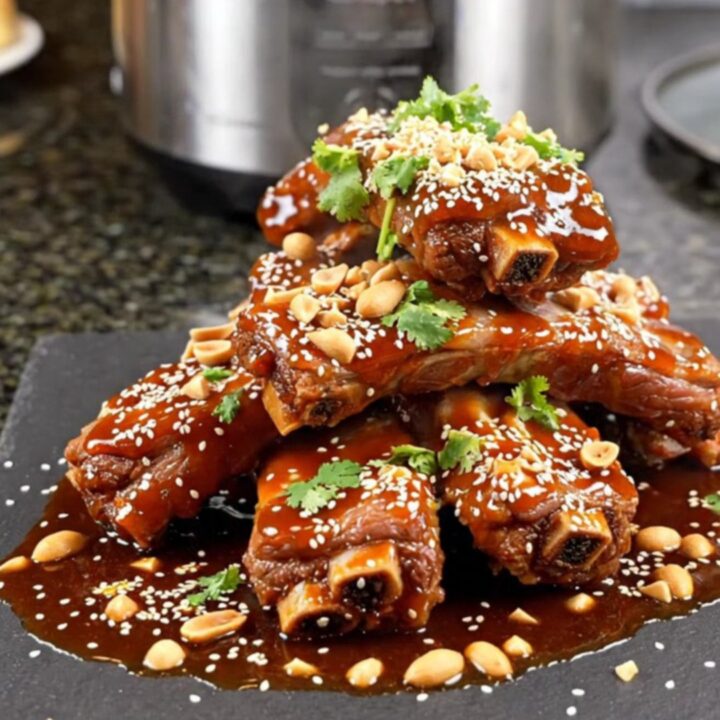 A close-up of sticky, glazed Korean spare ribs on a dark slate platter garnished with peanuts, cilantro, and sesame seeds.