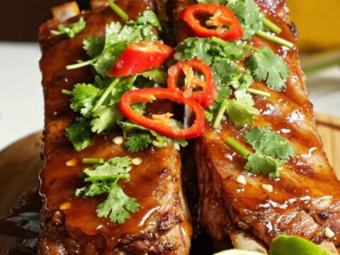 Sticky Crockpot baby back ribs glazed in a sweet chili lime sauce on a bamboo board.