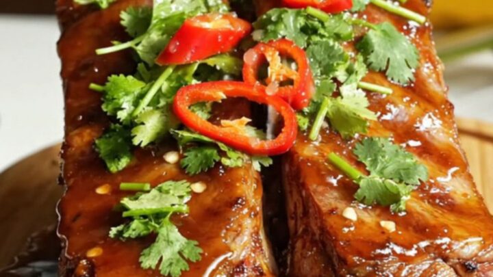 Sticky Crockpot baby back ribs glazed in a sweet chili lime sauce on a bamboo board.