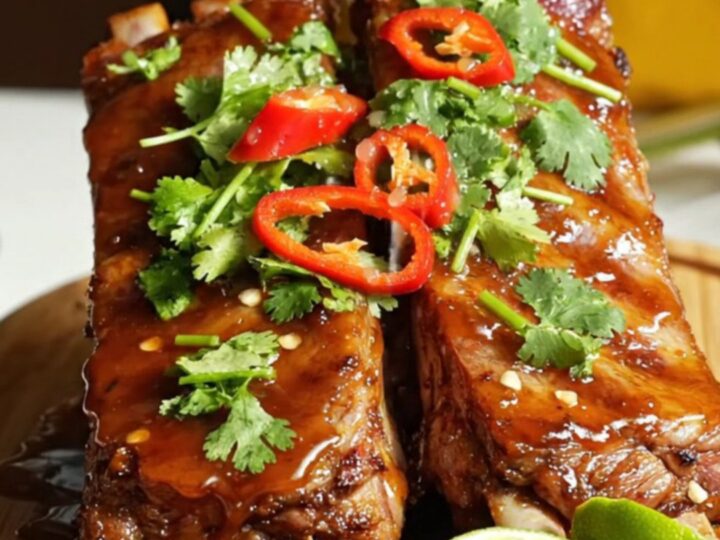 Sticky Crockpot baby back ribs glazed in a sweet chili lime sauce on a bamboo board.