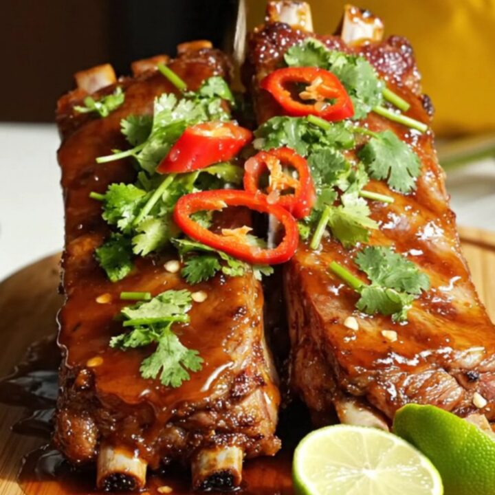 Sticky Crockpot baby back ribs glazed in a sweet chili lime sauce on a bamboo board.