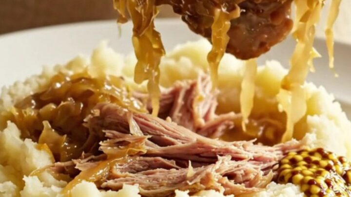 A rustic crockpot filled with tender pork ribs, sliced kielbasa, and golden sauerkraut, steaming and ready to serve.
