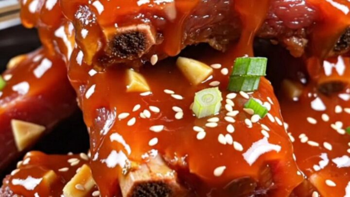 Sticky honey sriracha glazed pork ribs piled in a bowl and garnished with scallions and sesame seeds.