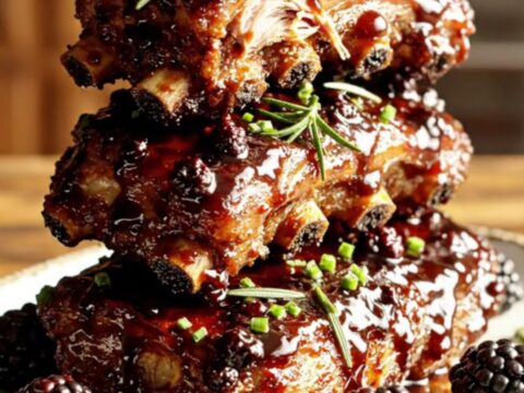 A ceramic platter featuring glossy, dark blackberry bourbon glazed baby back ribs garnished with fresh blackberries