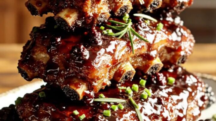 A ceramic platter featuring glossy, dark blackberry bourbon glazed baby back ribs garnished with fresh blackberries