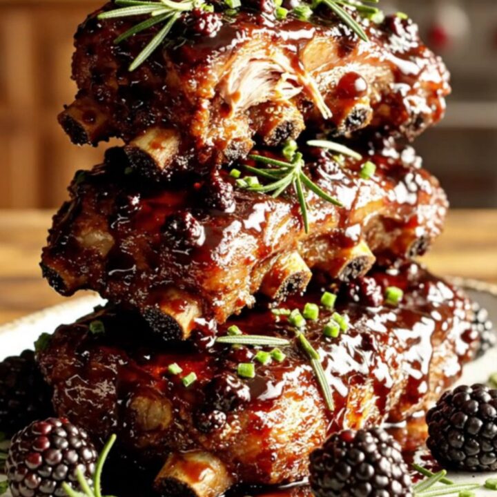 A ceramic platter featuring glossy, dark blackberry bourbon glazed baby back ribs garnished with fresh blackberries