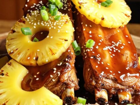 A close-up shot of fall-off-the-bone baby back ribs coated in a glossy, dark teriyaki pineapple glaze.