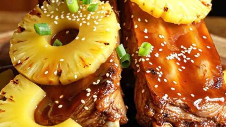 A close-up shot of fall-off-the-bone baby back ribs coated in a glossy, dark teriyaki pineapple glaze.