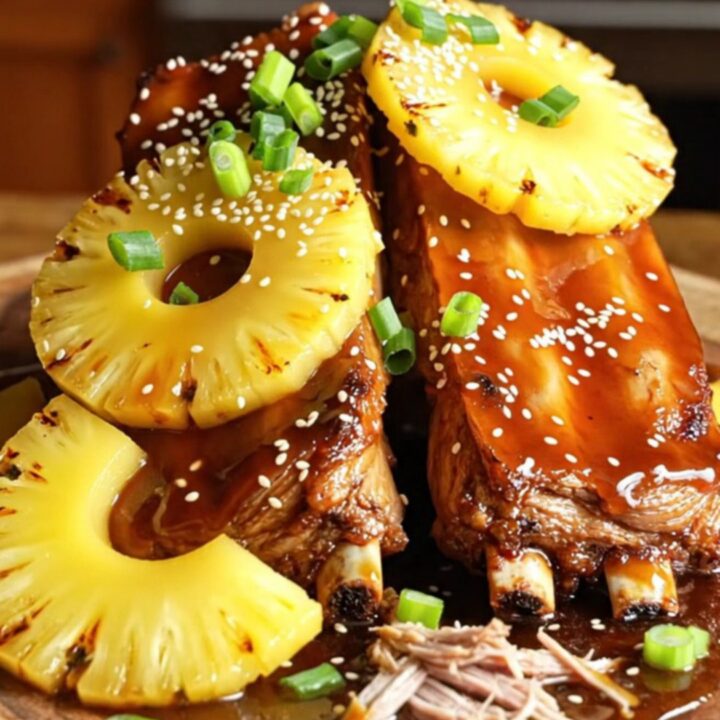 A close-up shot of fall-off-the-bone baby back ribs coated in a glossy, dark teriyaki pineapple glaze.