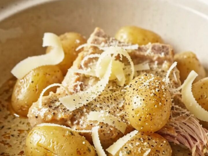 A close-up of tender pork chops and golden baby potatoes coated in a thick