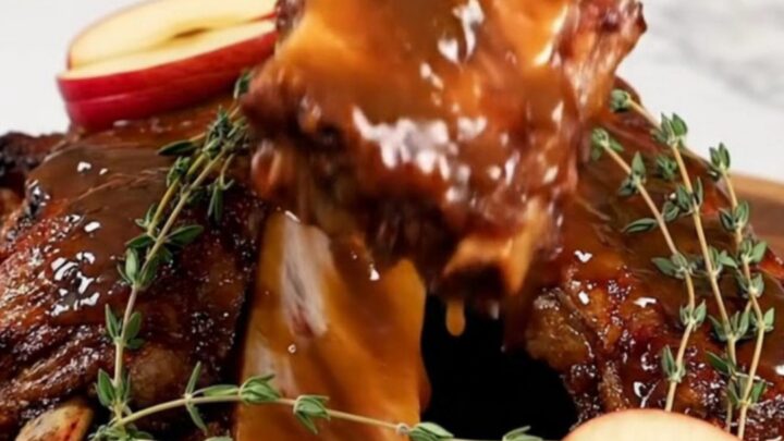 A close-up of tender, dark brown baby back ribs covered in a thick, glossy apple butter sauce on a wooden platter.