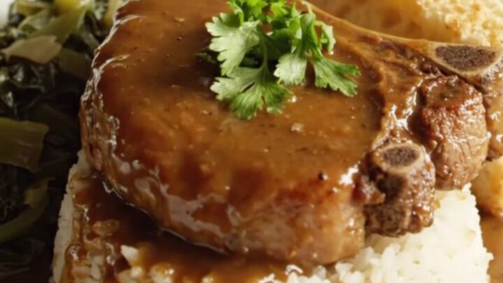 A close-up of tender bone-in pork chops smothered in a rich, dark brown onion gravy, served on a plate.