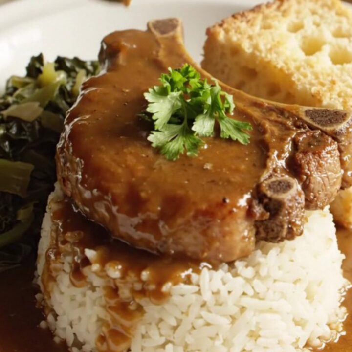 A close-up of tender bone-in pork chops smothered in a rich, dark brown onion gravy, served on a plate.