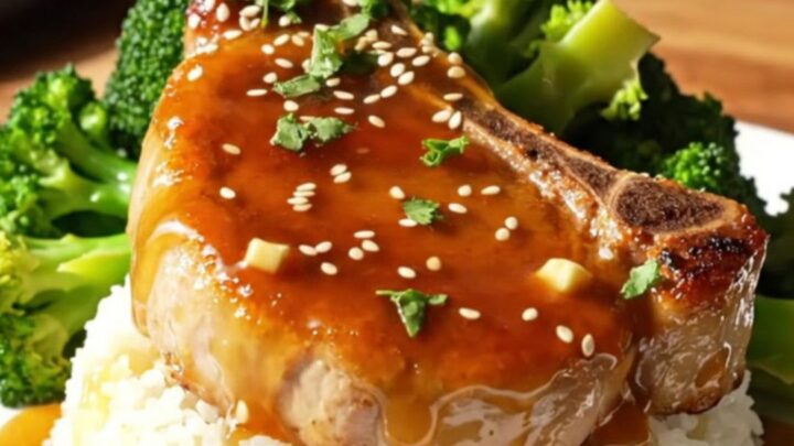 Close-up of glazed honey garlic pork chops in a slow cooker with a glossy finish.