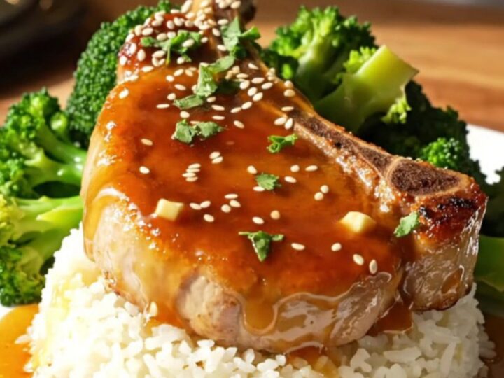 Close-up of glazed honey garlic pork chops in a slow cooker with a glossy finish.