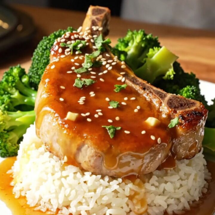 Close-up of glazed honey garlic pork chops in a slow cooker with a glossy finish.