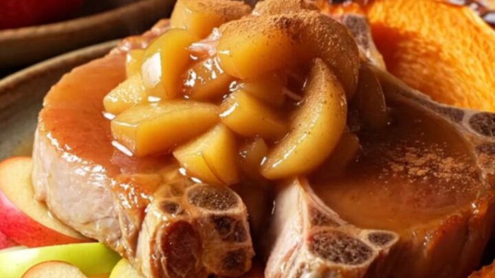 A copper-toned slow cooker filled with tender pork chops, golden apple wedges, and a rich cinnamon-cider glaze.