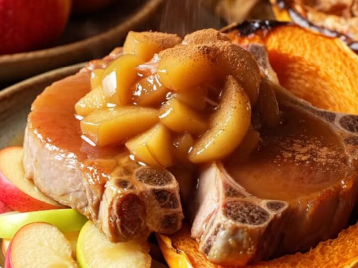 A copper-toned slow cooker filled with tender pork chops, golden apple wedges, and a rich cinnamon-cider glaze.