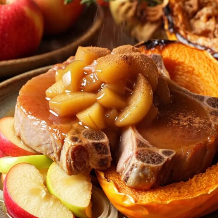 A copper-toned slow cooker filled with tender pork chops, golden apple wedges, and a rich cinnamon-cider glaze.