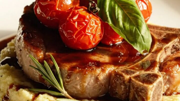 A close-up view of bone-in pork chops in a slow cooker topped with burst cherry tomatoes and a dark balsamic glaze.