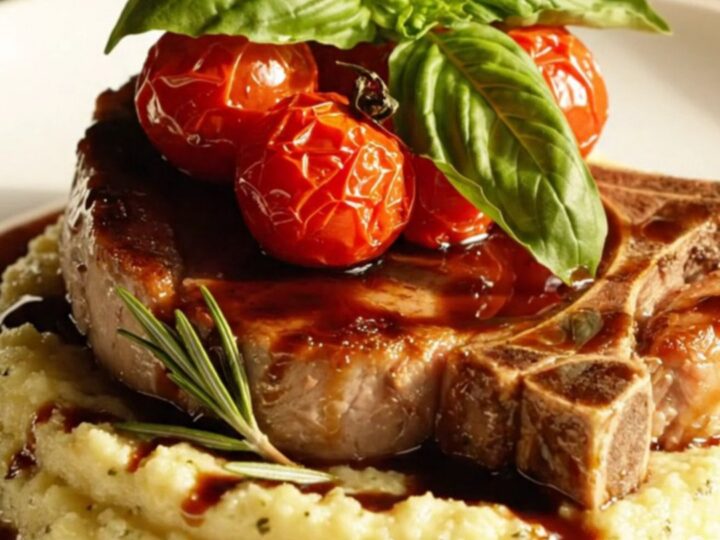 A close-up view of bone-in pork chops in a slow cooker topped with burst cherry tomatoes and a dark balsamic glaze.