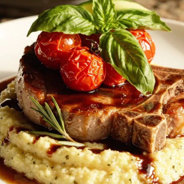 A close-up view of bone-in pork chops in a slow cooker topped with burst cherry tomatoes and a dark balsamic glaze.