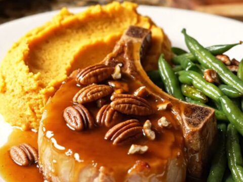 A close-up shot of succulent bone-in pork chops covered in a shiny brown sugar and bourbon glaze with toasted pecans.