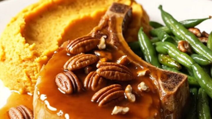 A close-up shot of succulent bone-in pork chops covered in a shiny brown sugar and bourbon glaze with toasted pecans.