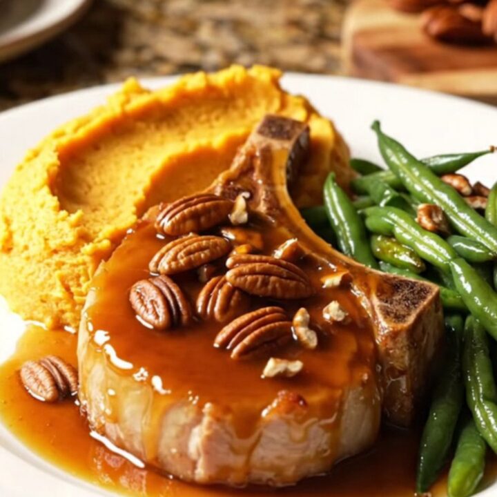 A close-up shot of succulent bone-in pork chops covered in a shiny brown sugar and bourbon glaze with toasted pecans.