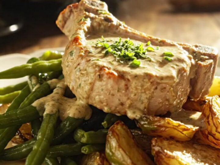 Close up of creamy Dijon mustard and tarragon pork chops in a slow cooker with steam rising.