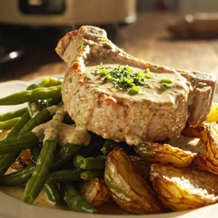 Close up of creamy Dijon mustard and tarragon pork chops in a slow cooker with steam rising.