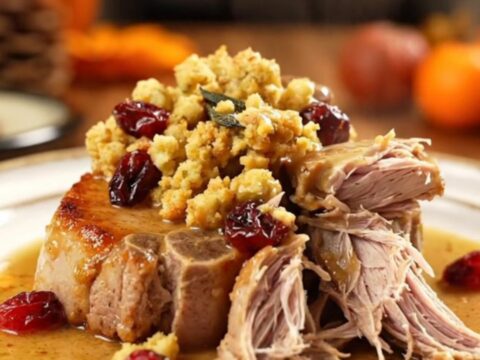 A close-up of tender pork chops topped with golden herb stuffing and ruby red cranberries in a red slow cooker.