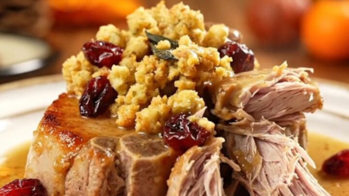 A close-up of tender pork chops topped with golden herb stuffing and ruby red cranberries in a red slow cooker.
