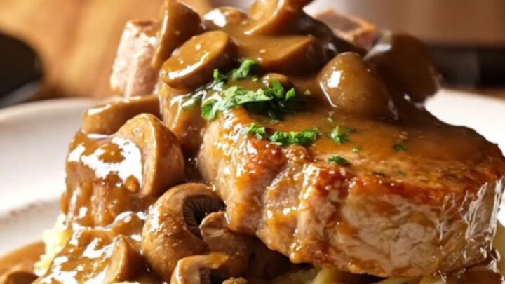 Close-up of succulent pork chops covered in a rich, creamy mushroom Marsala sauce in a black slow cooker.