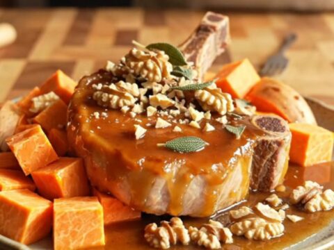 A ceramic slow cooker filled with glazed pork chops, sweet potatoes, and a rich maple-mustard sauce.