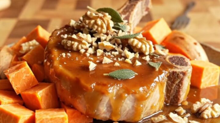 A ceramic slow cooker filled with glazed pork chops, sweet potatoes, and a rich maple-mustard sauce.
