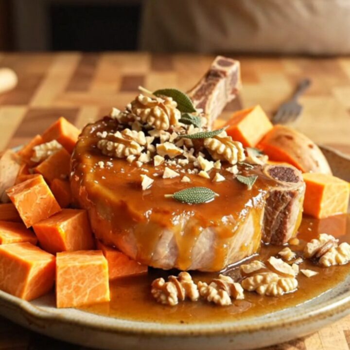 A ceramic slow cooker filled with glazed pork chops, sweet potatoes, and a rich maple-mustard sauce.